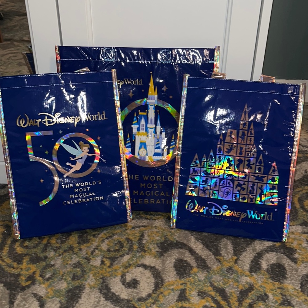 Disney 50th Anniversary Reusable Iridescent Tote Bag Set. 2 small & 1 Medium